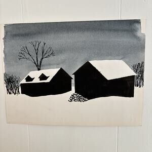 Vintage Maine Winter Watercolor Farm Buildings Snow Landscape Folk Art 15x11
